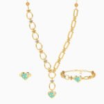 Heart Shaped Enamel Coated & Cubic Zirconia Jewelry Set in 18K Gold (3 Pieces)