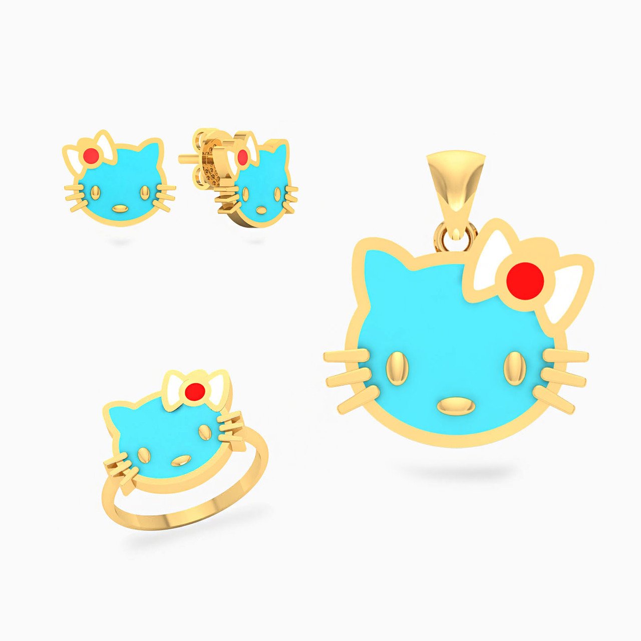 Cat Enamel Coated Full Set in 18K Gold (3 Pieces)