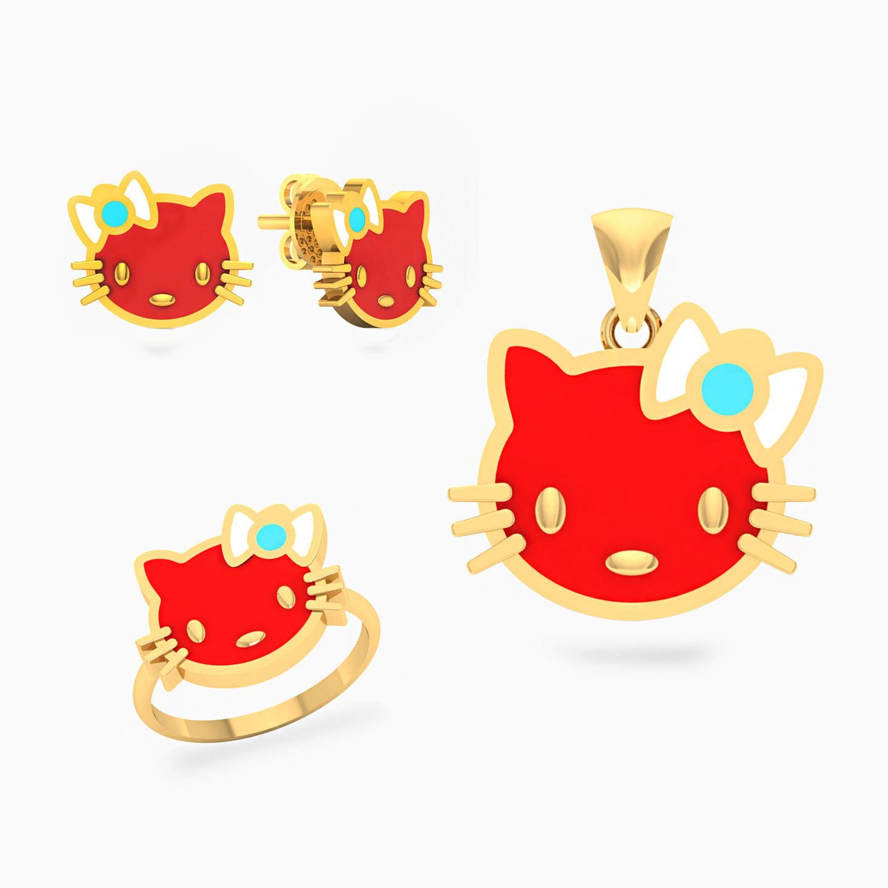 Cat Enamel Coated Full Set in 18K Gold (3 Pieces)