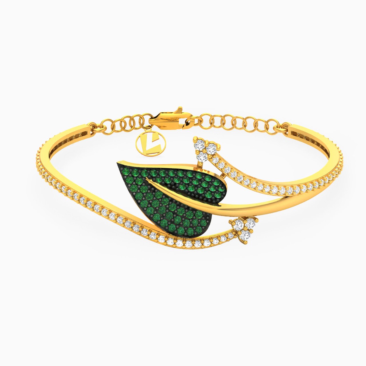 Kids Leaf Green Stone Bangle Bracelet in 18K Gold